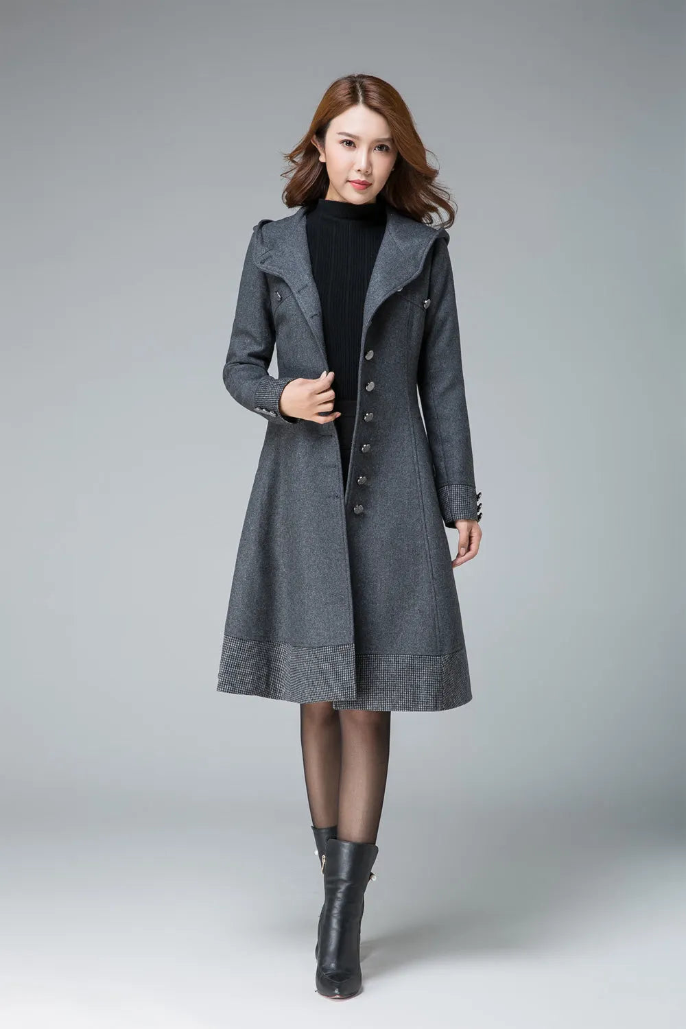 Dark Gray Wool Coat – Handmade Hooded A-line Winter Coat with Plaid Trim 