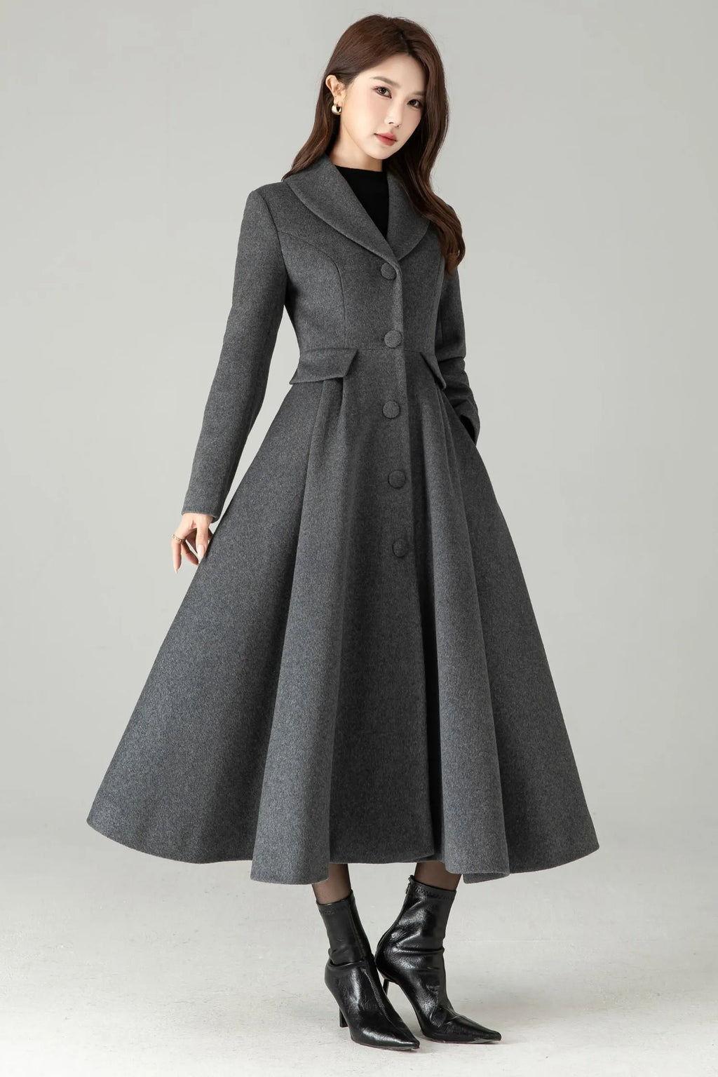 Gray Wool Maxi Coat – Single-Breasted Fit & Flare Long Winter Coat 