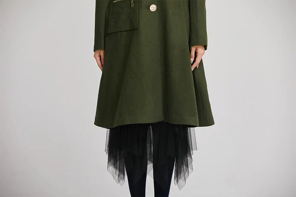 Elegant Green Wool Blend Coat – Tailored Midi Winter Coat with Zipper Details 