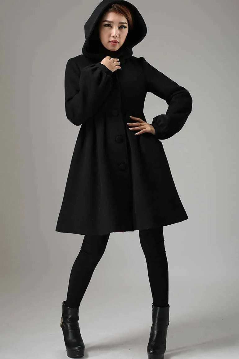 Black Hooded Wool Coat – Handmade Single-Breasted Winter Short Coat 
