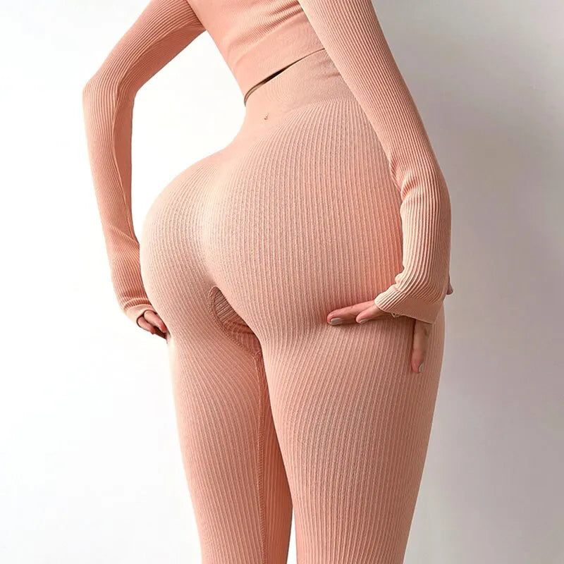 KittenAlarm - Mojoyce Ribbed Yoga Pants Sport Leggings Women Fitness Gym Clothing High Waist Push Up Seamless Workout Pa
