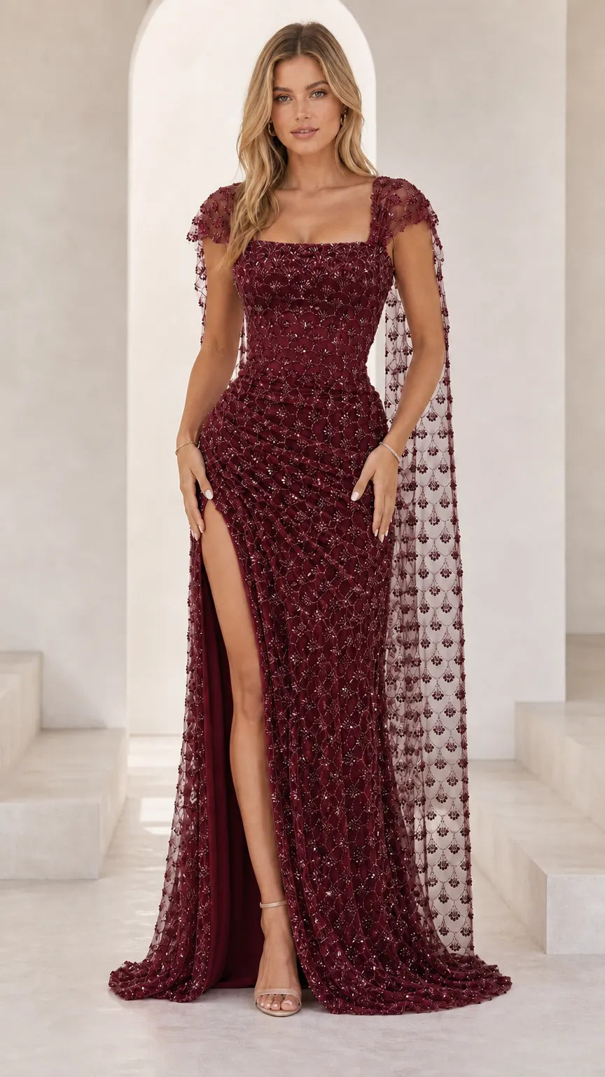 Sequined Square Neck Capelet Evening Gown with Thigh Slit