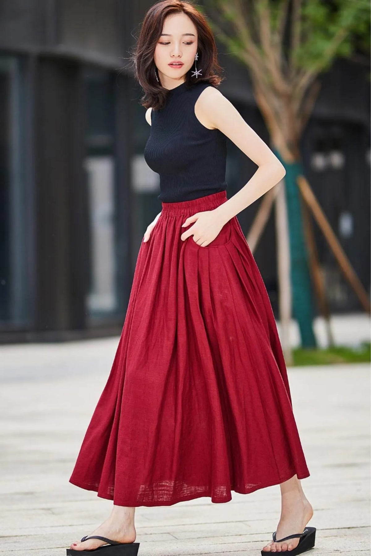 Red Linen Cotton Maxi Skirt - Pleated Pockets Flared 