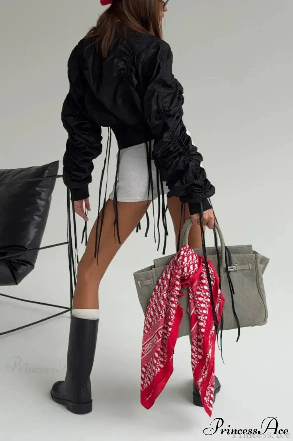 Solid Fringed Ruched Waist Short Zip Coat