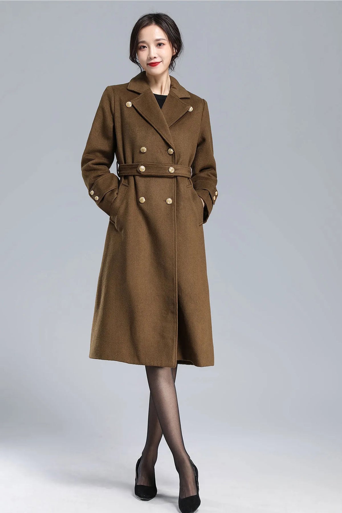 Brown Wool Coat – Vintage Double-Breasted Winter Overcoat with Belt 3178