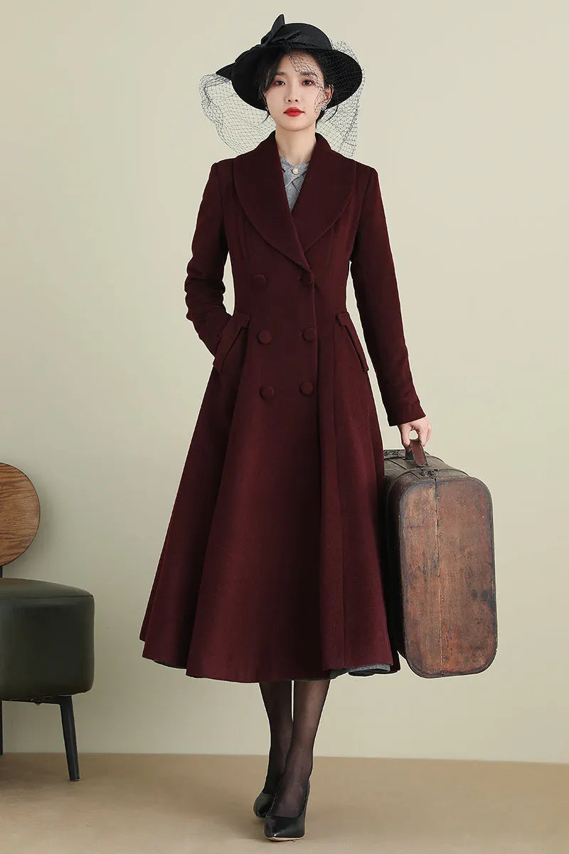 Elegant Wool Blend Coat – Double Breasted A-Line Long Overcoat 