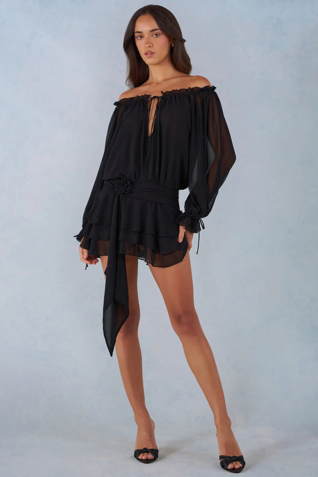 Off-Shoulder Balloon-Sleeve Mini Dress in Black