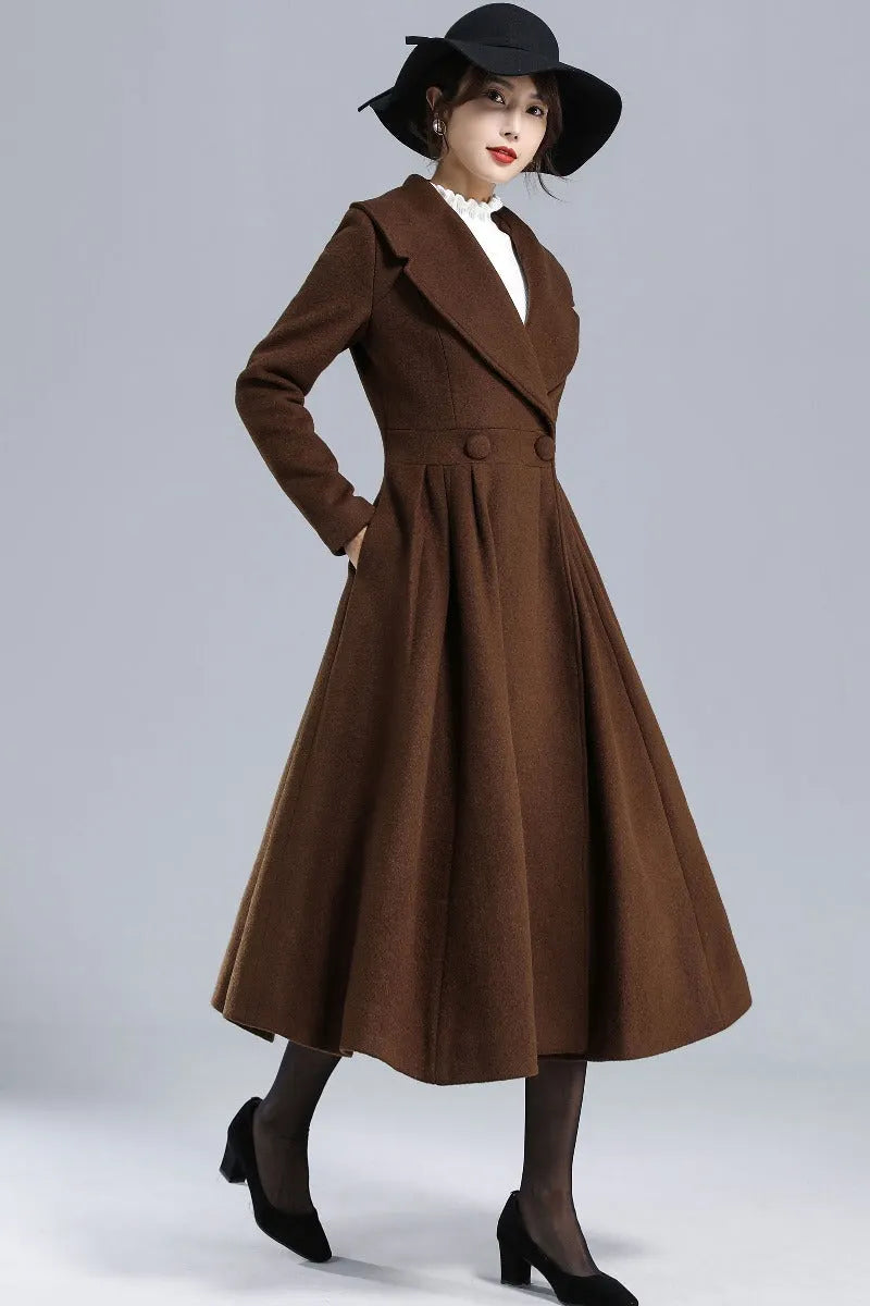Vintage Princess Wool Coat – Handmade Brown Pleated Long Overcoat 