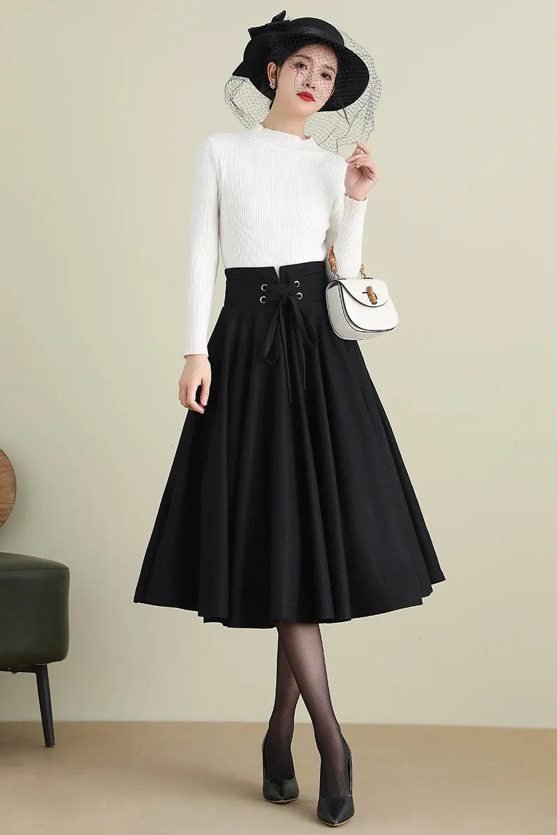 Black Wool Midi Skirt - High Waist Circle Swing 