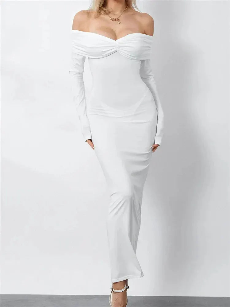 Women Ruched Slash Neck Off-shoulder Sleeve Solid Slim Fit Bodycon Cocktail Party Vestidos