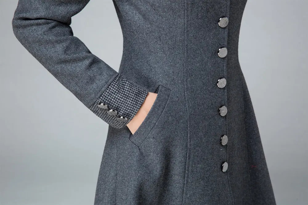 Dark Gray Wool Coat – Handmade Hooded A-line Winter Coat with Plaid Trim 