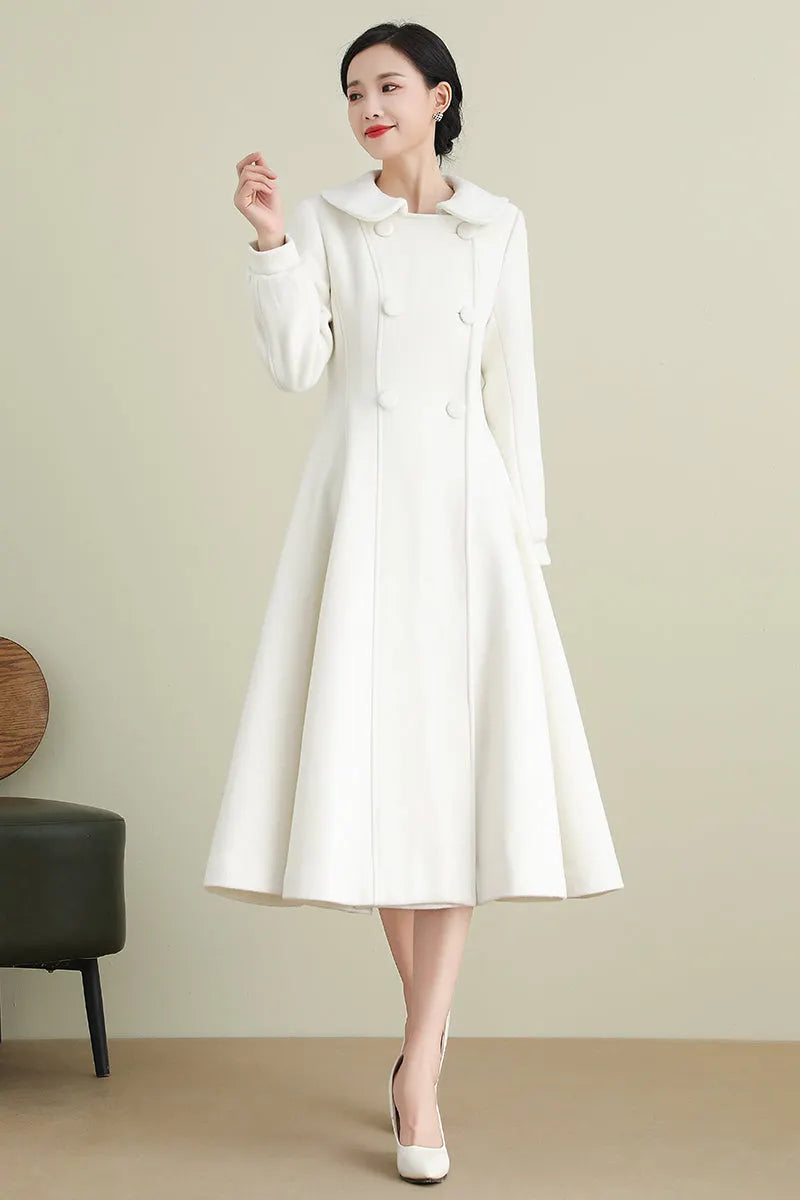 Handmade White Wool Coat – Long A-Line Swing Winter & Wedding Overcoat for Women 
