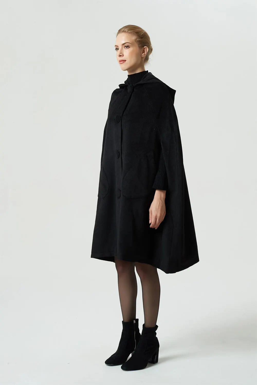 Black Wool Cape Coat - Vintage Hooded Flowing Silhouette 1952