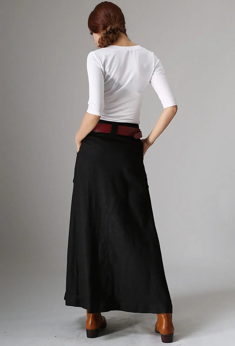 Black Linen Maxi Skirt - Big Pocket Detail 979