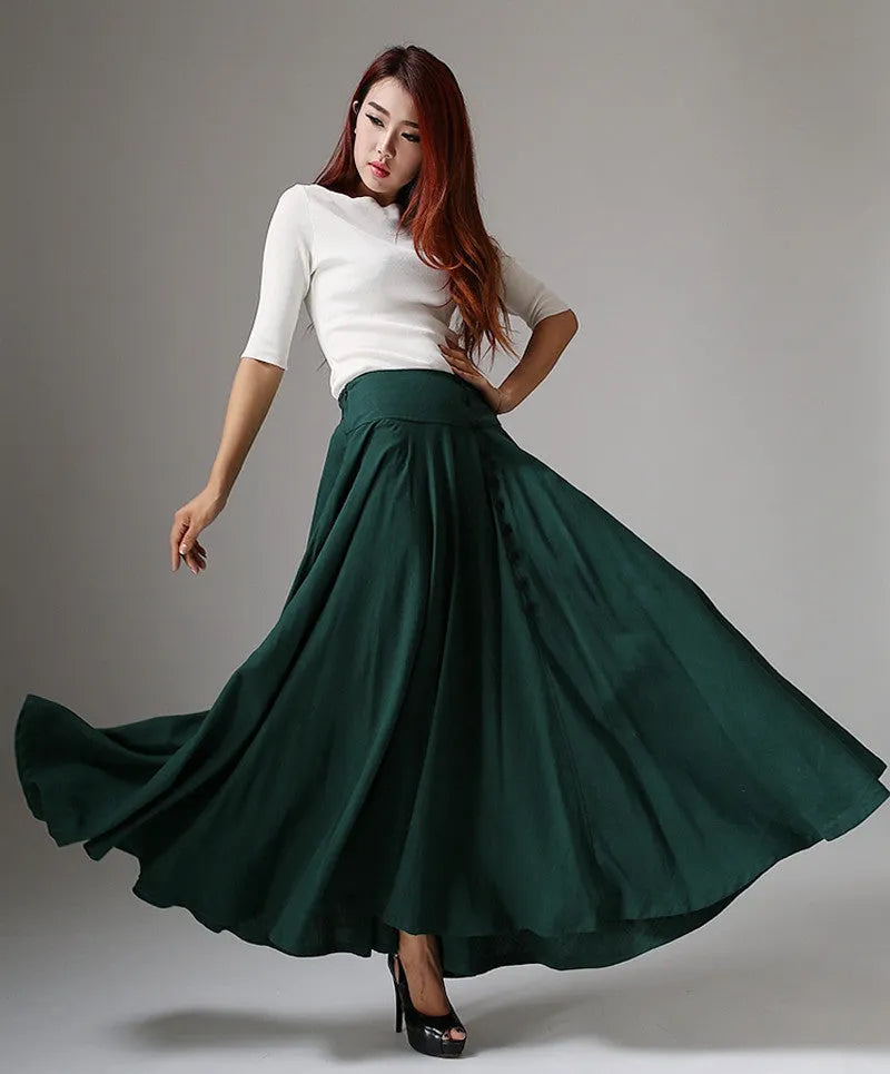 Handmade Green Linen Maxi Skirt – Vintage High Waist A-Line Skirt 
