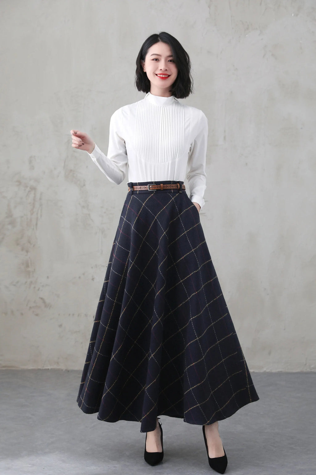 Blue Plaid Wool Blend A-Line Maxi Skirt - Vintage with Pockets 4001