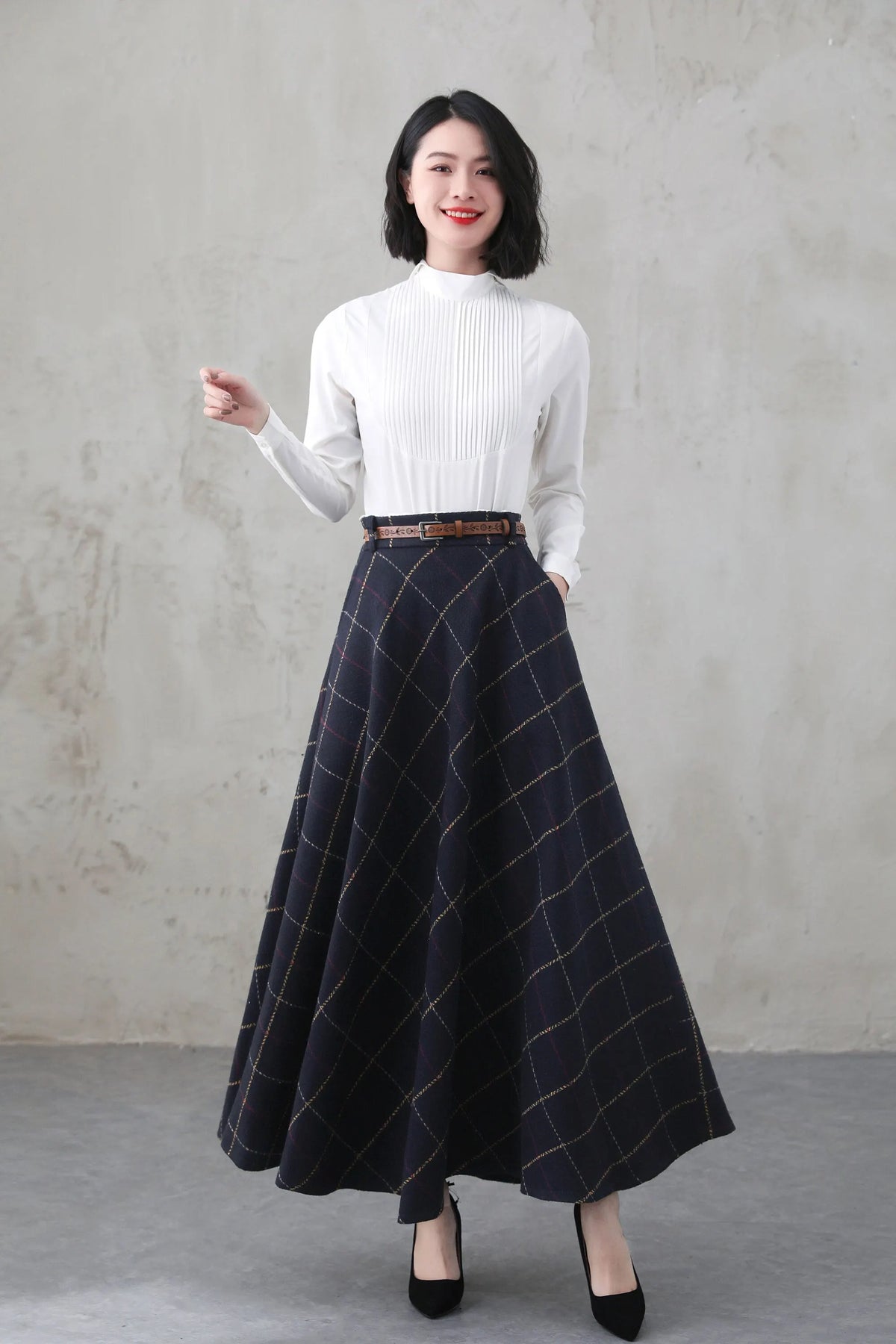 Blue Plaid Wool Blend A-Line Maxi Skirt - Vintage with Pockets 4001