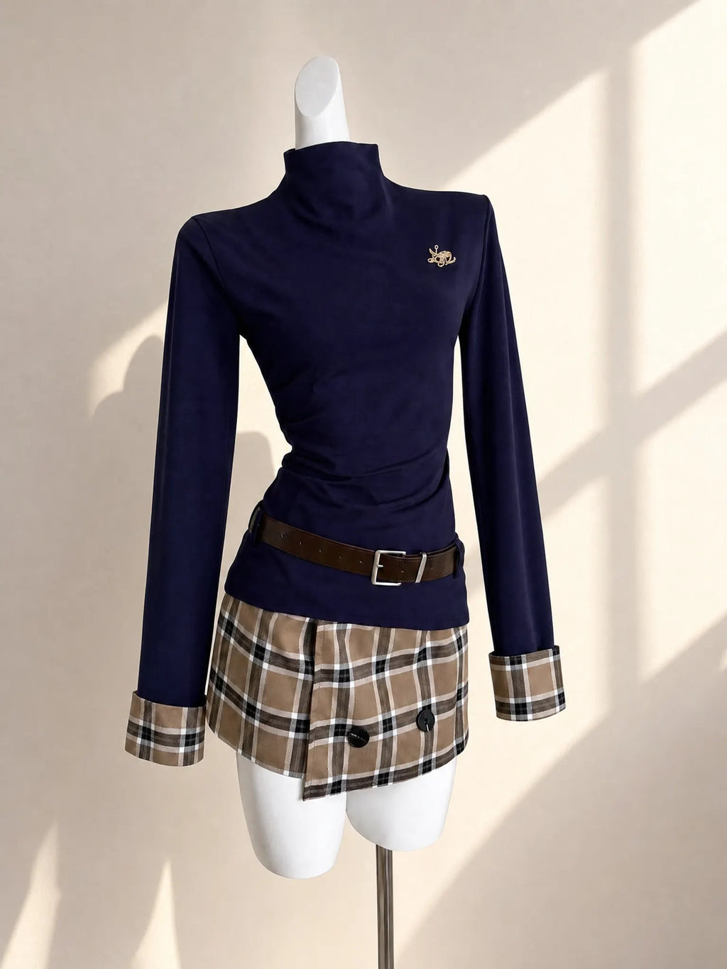 Vintage College Outfit Navy Mock Neck Top Plaid Mini Skirt Two‑Piece Set