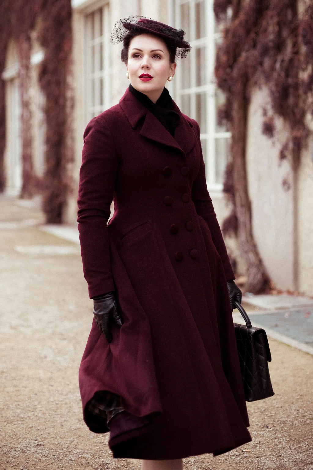 Elegant Burgundy Wool Blend Coat – Handmade A-Line Long Winter Overcoat 