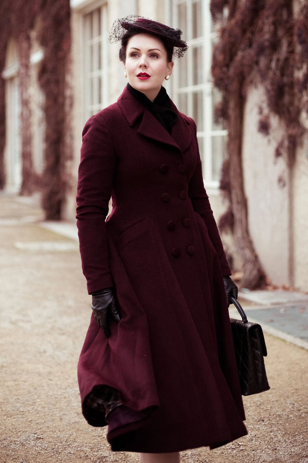 Elegant Burgundy Wool Blend Coat – Handmade A-Line Long Winter Overcoat 