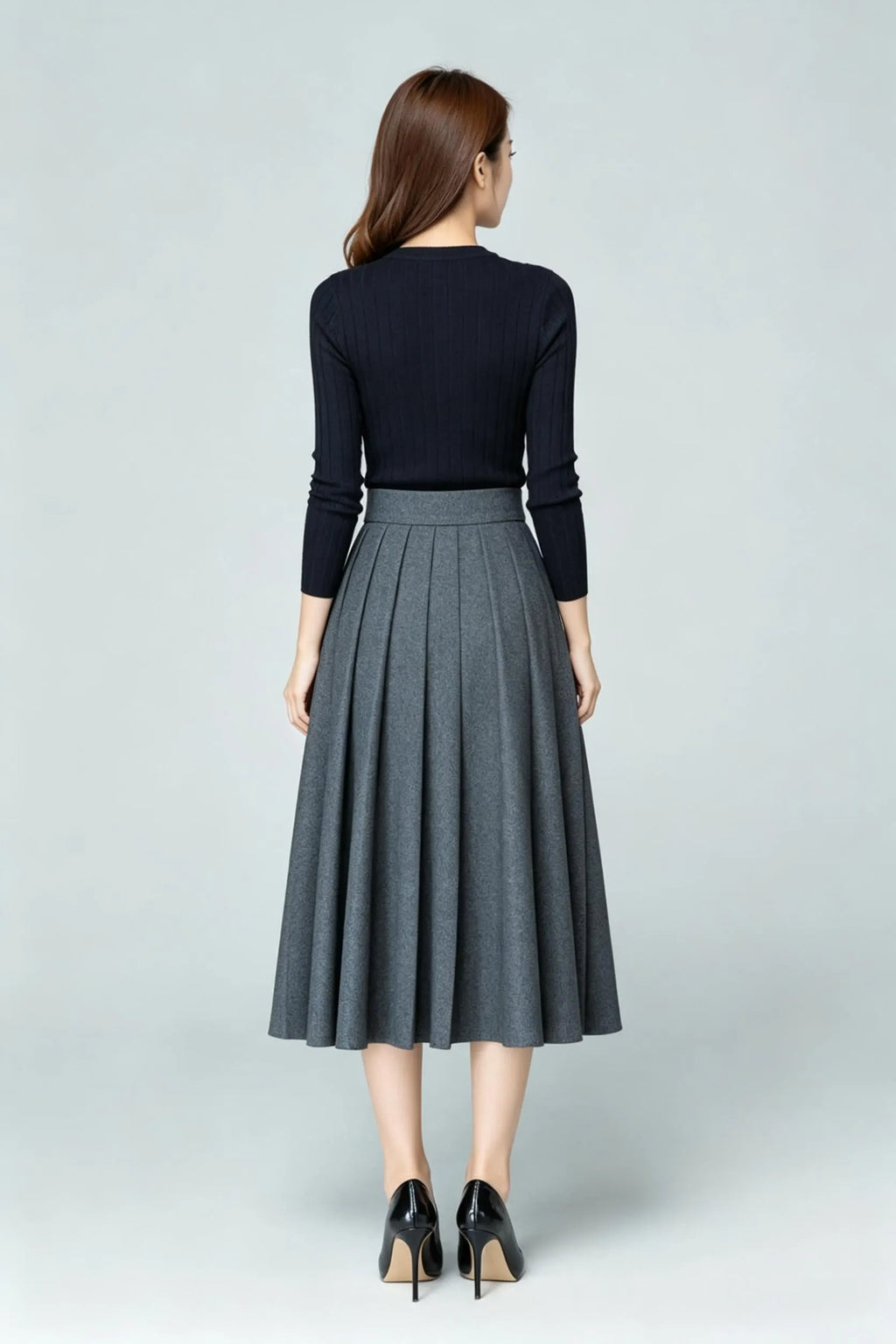 Gray Wool Blend A-Line Midi Skirt - High Waist Pleated Elegance 6926