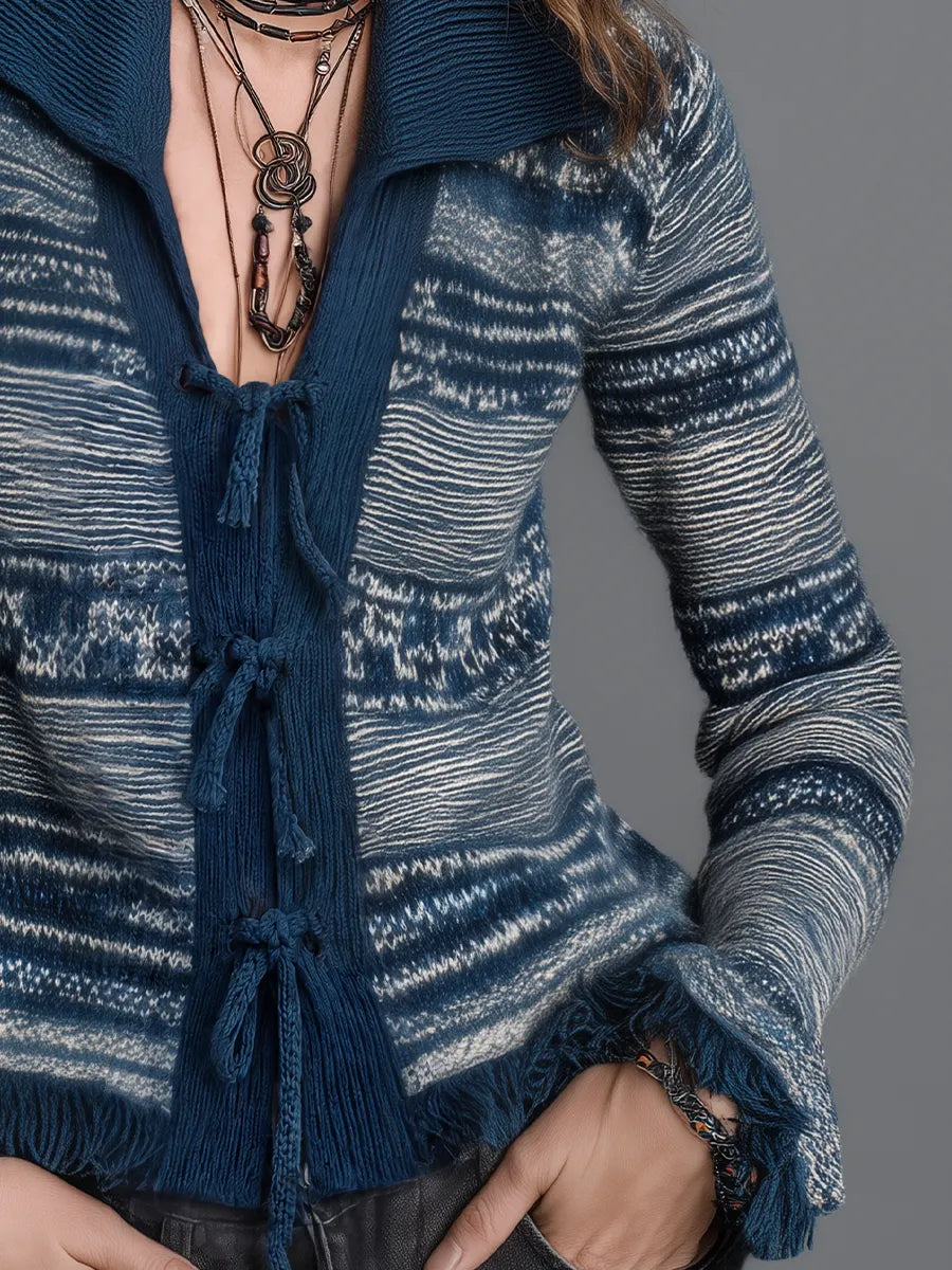 Artisan Navy Blue Tie-Front Patterned Knit Cardigan