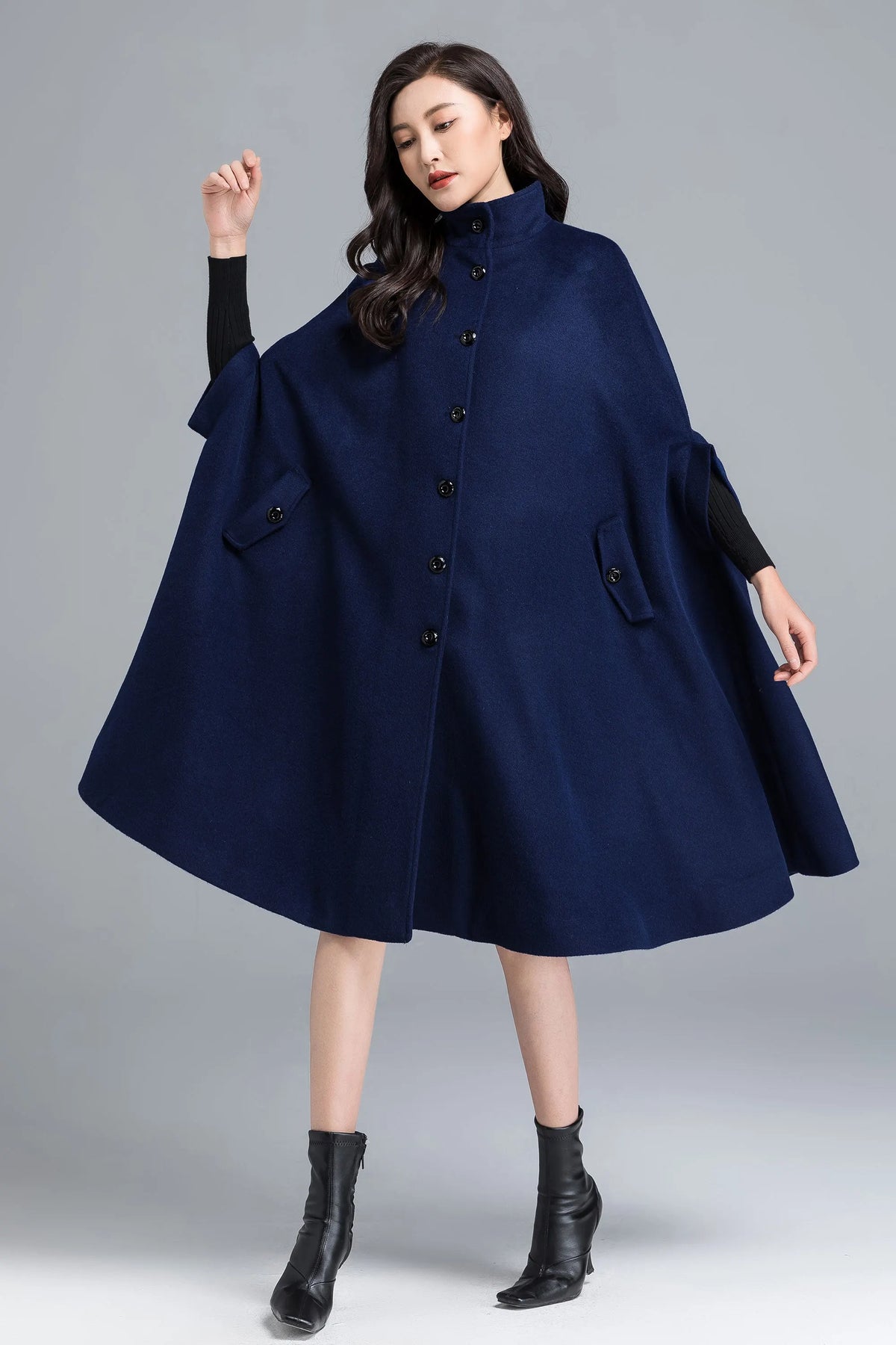 Women's Navy Wool Blend Cape – Button Front Winter Cloak with Structured Collar 2486