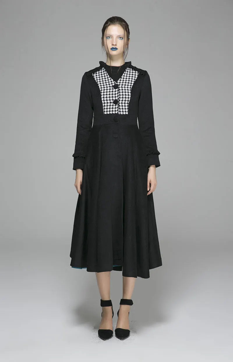Black Wool Fit & Flare Winter Coat – Houndstooth Bodice & Full Skirt 1375