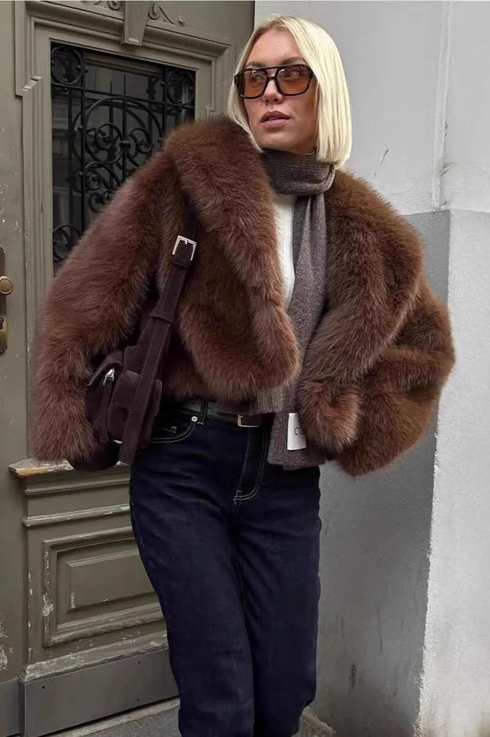 Retro Solid Color Plush Warm Short Notch Collar Coat