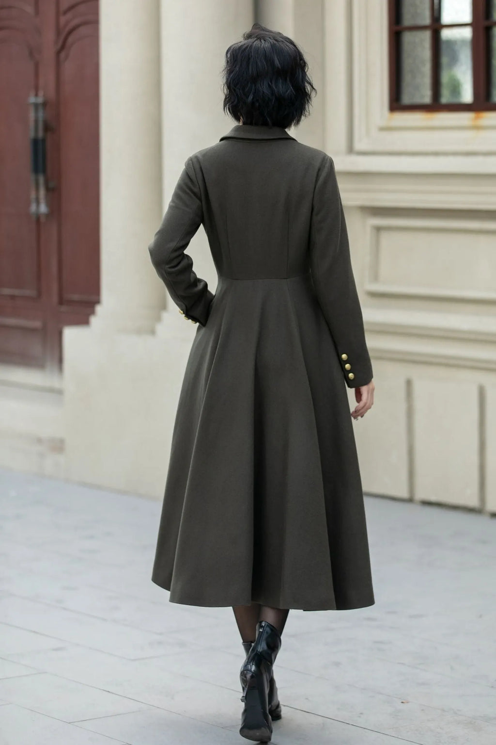 Army Green Wool Fit and Flare Double Breasted Coat - Fitted Waist 5459
