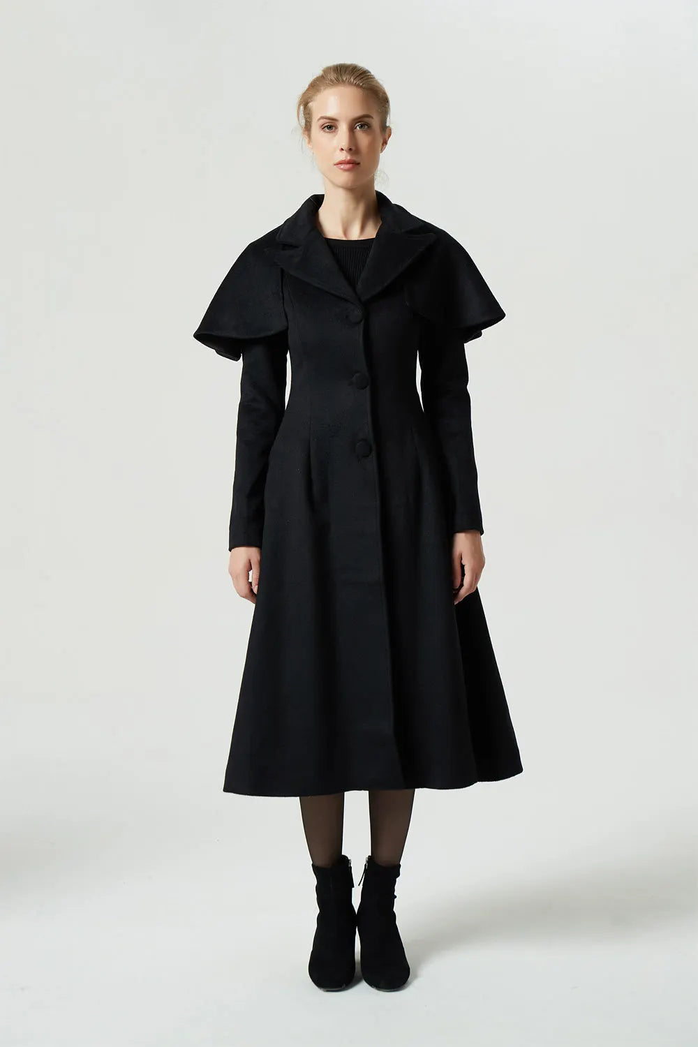 Vintage Wool Coat for Women – Handmade Black Fit and Flare Winter Cape Coat 