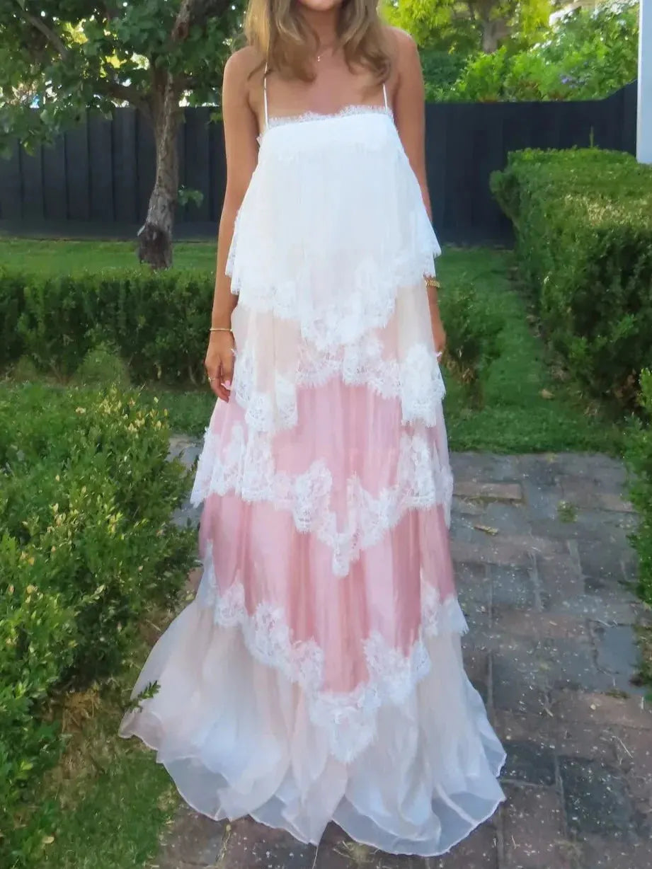 Pink & White Ombre Lace Layered Spaghetti Strap Cake Maxi Dress