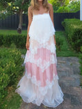 Pink & White Ombre Lace Layered Spaghetti Strap Cake Maxi Dress