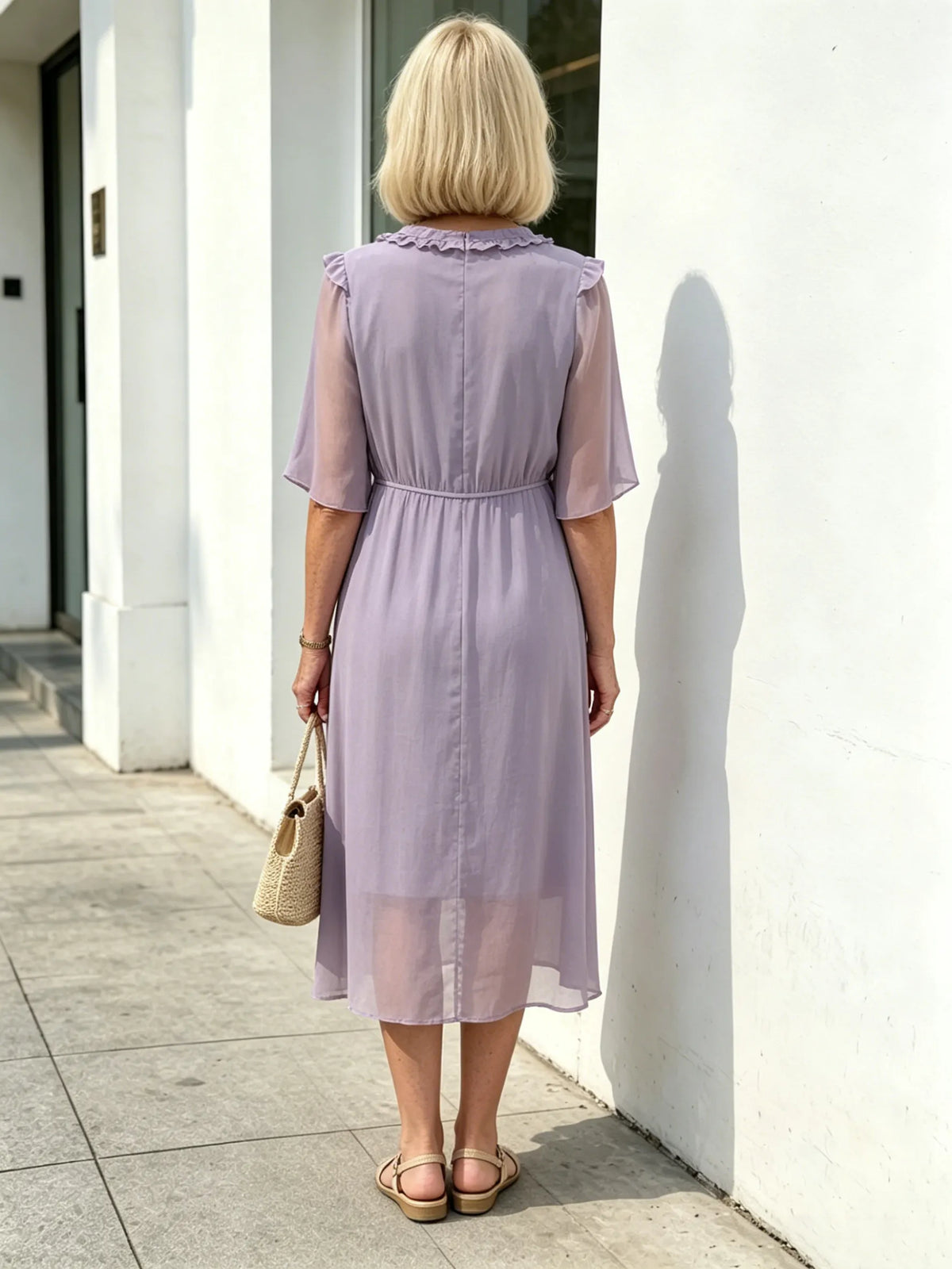 Lavender Ruffle V-Neck Chiffon Midi Dress, Elastic Waist Half Flutter Sleeve Button Detail Slimming Casual Dress for Mat