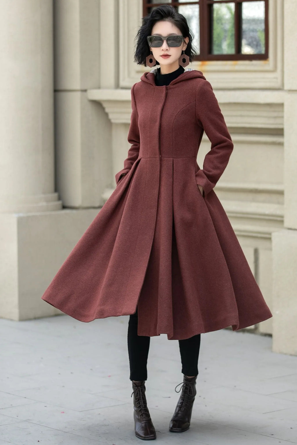 Rust Wool A Line Winter Coat - Hooded Swing Silhouette 5347