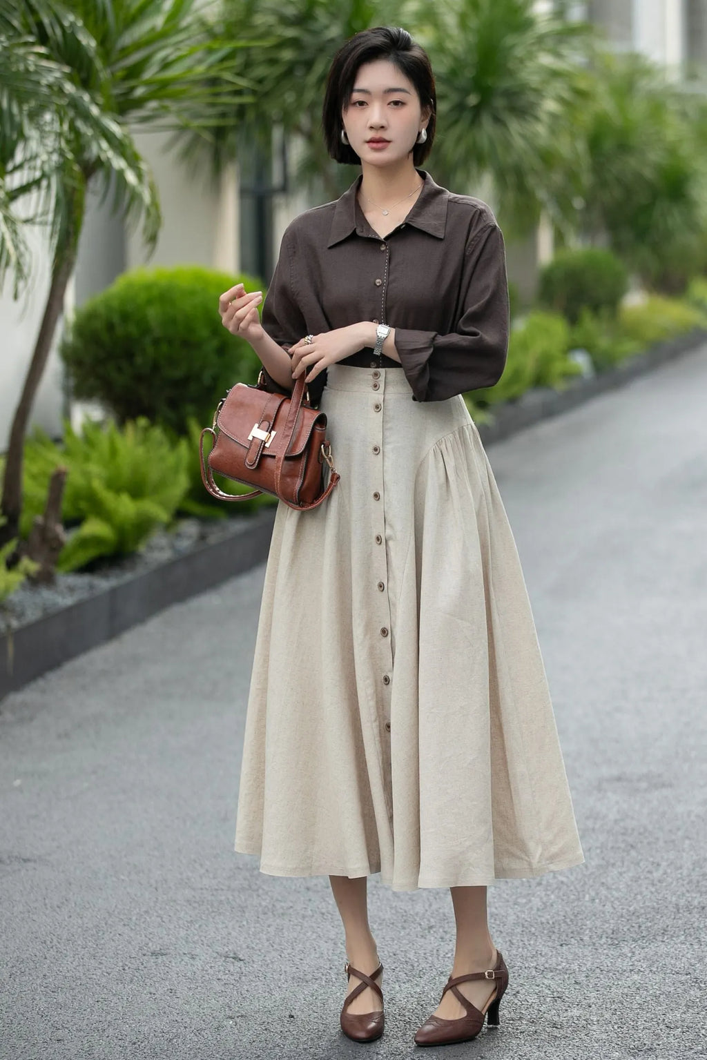 Beige Linen Midi Skirt – High Waist A-Line Button Front Skirt 6666 -Size xs #CK2600002