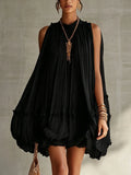 Black Halter Neck Ruffled Chiffon Bubble Mini Dress