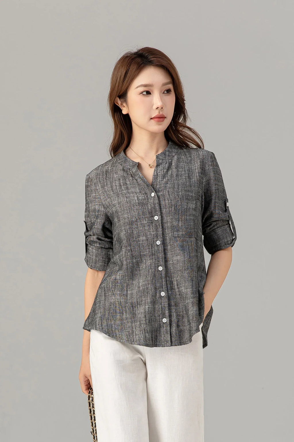 Charcoal Linen Blouse - Button-Down, Long Sleeve, Loose Fit 4915