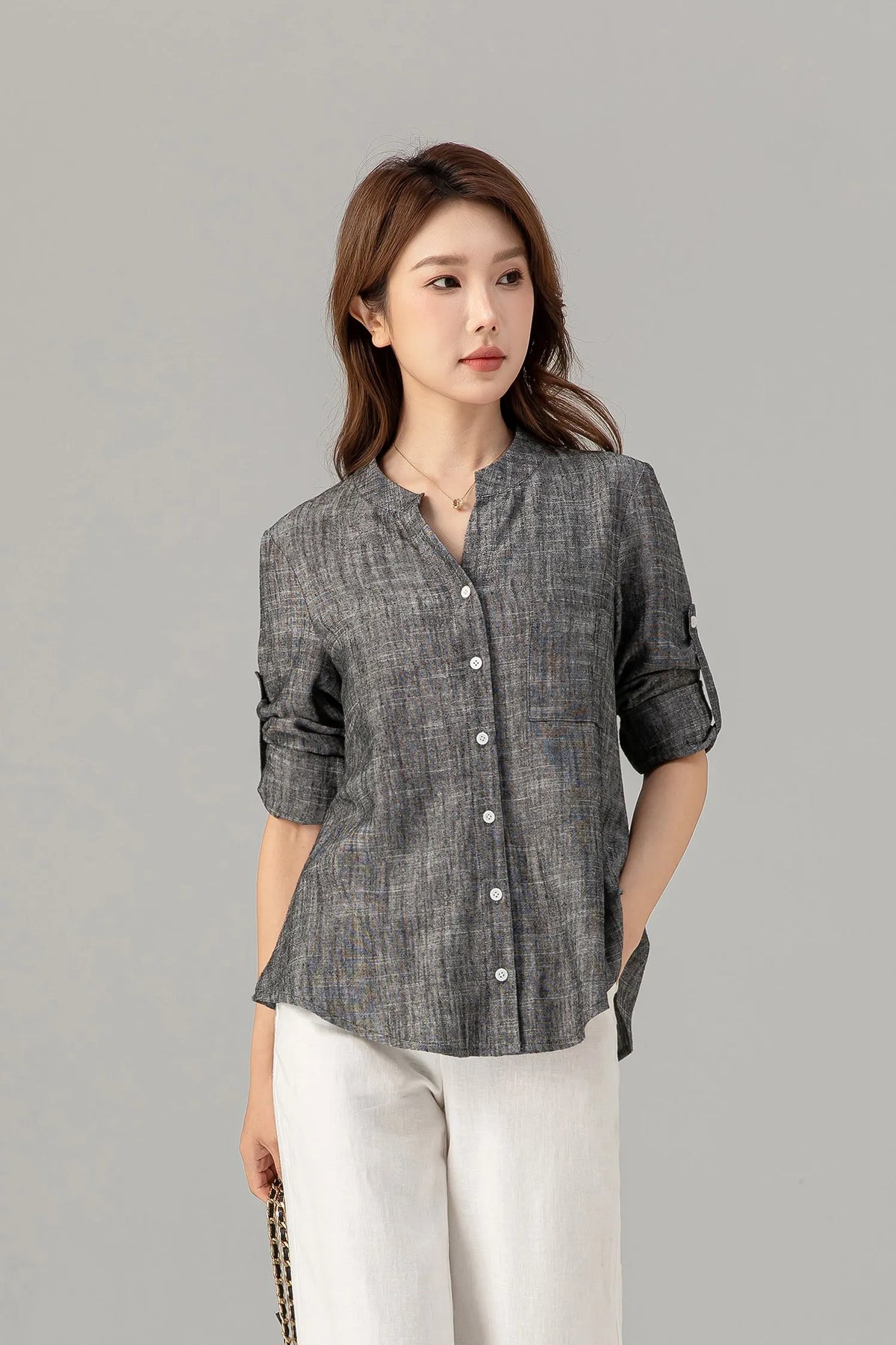 Charcoal Linen Blouse - Button-Down, Long Sleeve, Loose Fit 4915