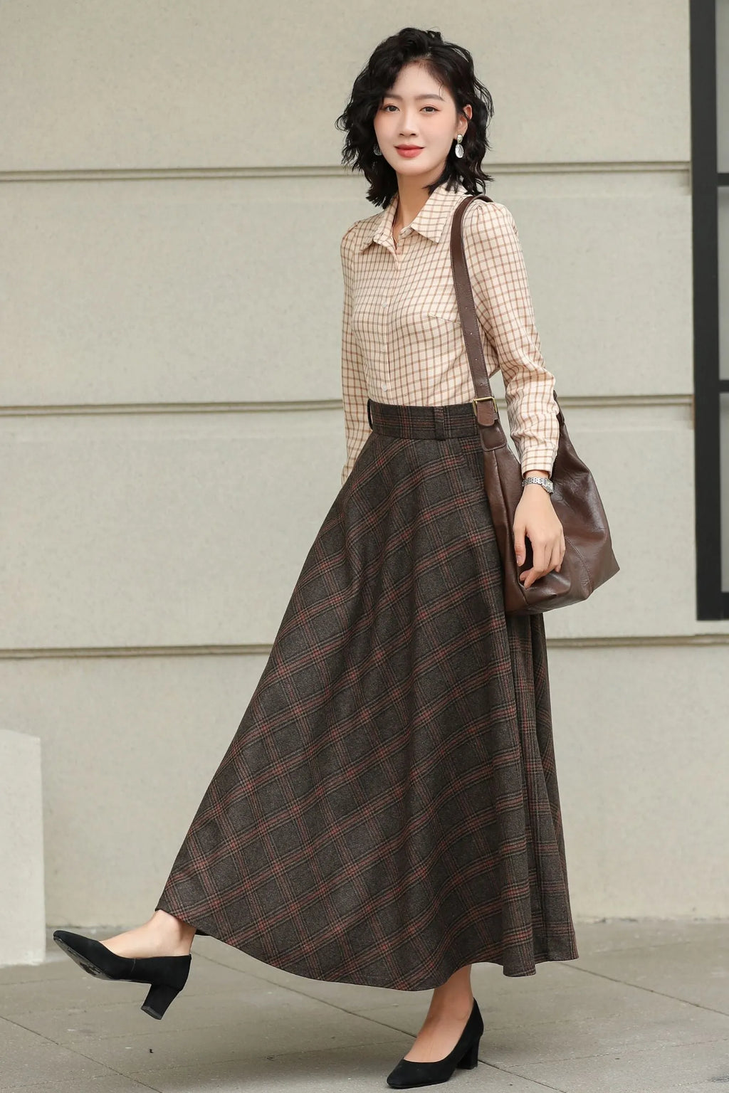 Handmade Dark Brown Plaid Wool Maxi Skirt – High Waist A-line Winter Elegance 6424