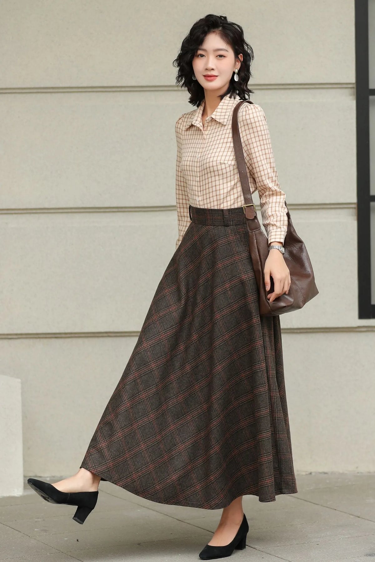 Handmade Dark Brown Plaid Wool Maxi Skirt – High Waist A-line Winter Elegance 6424
