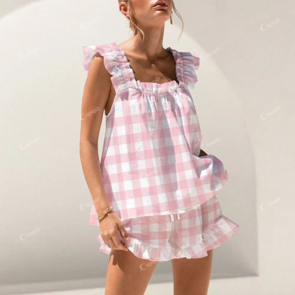 Short Lazy Pink Plaid Tank Top Shorts Pajama Set
