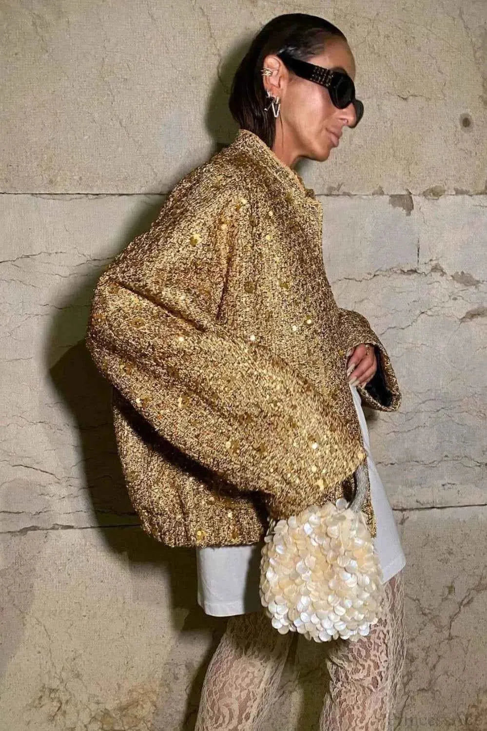 Sequin Coat with Stand Collar and Flap Pockets