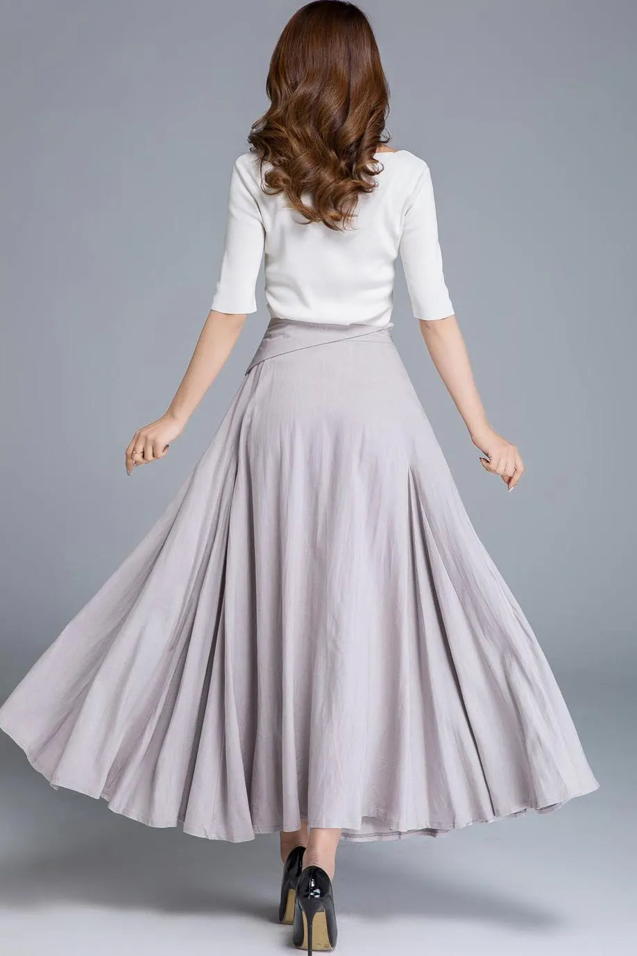 Feminine Swing Maxi Linen Skirt Pale Grey Lavender  – High-Waisted – 1666