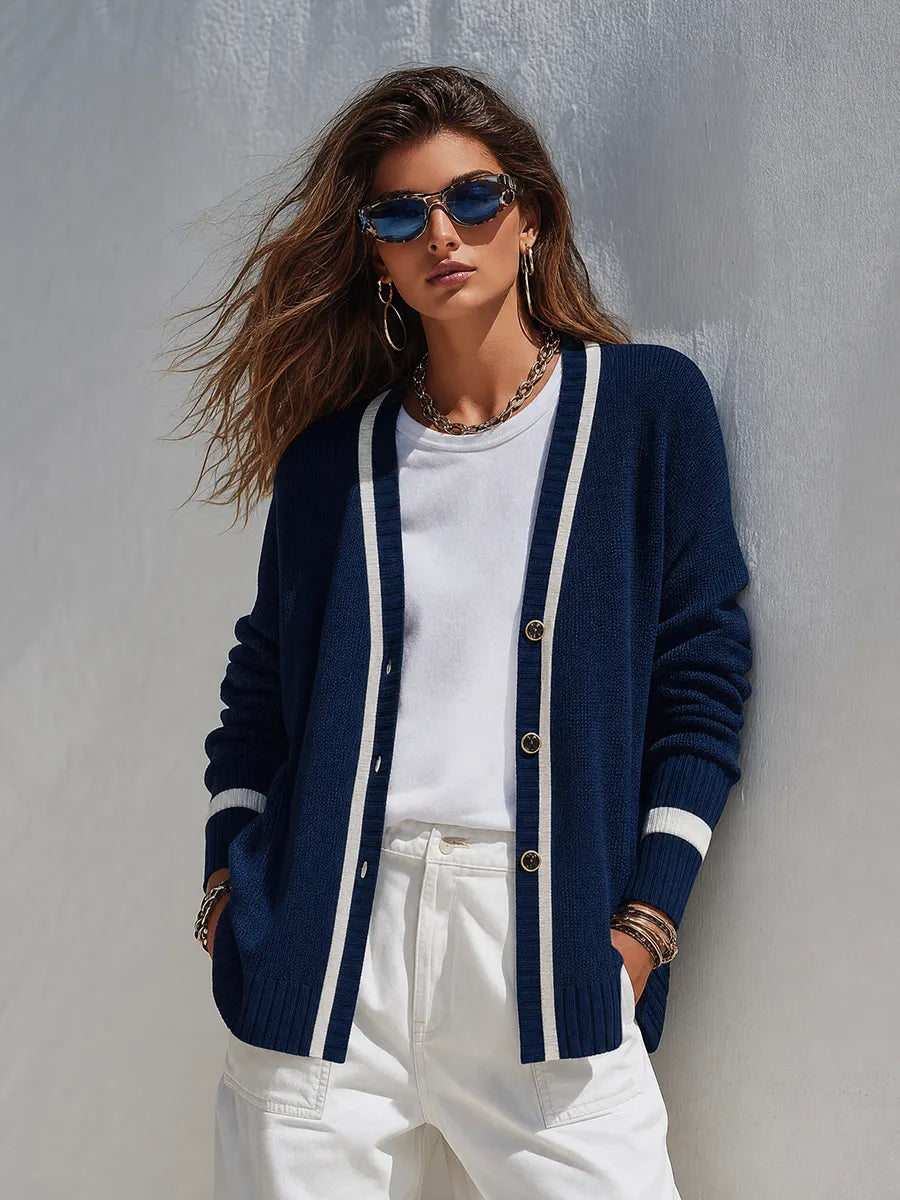 Retro Casual Color-blocked Striped Knit Cardigan