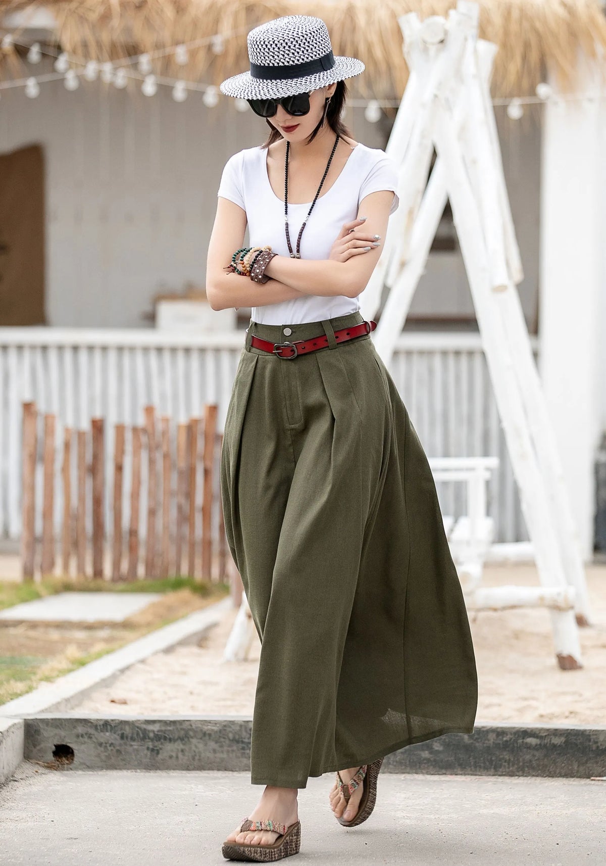 Olive Green Linen Cotton Skirt – Handmade A-Line Maxi Skirt for Women 