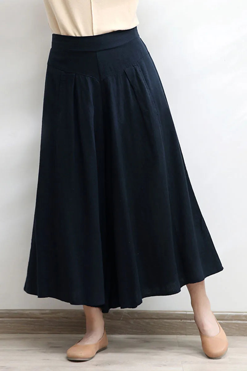 Beige Linen Cotton Wide Leg Pants - Elastic Waist, Asymmetrical Hem 4300