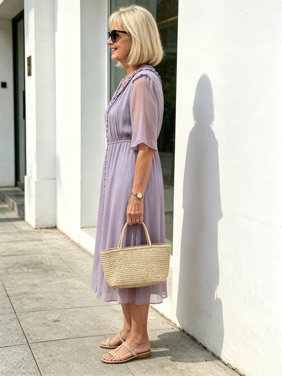 Lavender Ruffle V-Neck Chiffon Midi Dress, Elastic Waist Half Flutter Sleeve Button Detail Slimming Casual Dress for Mat