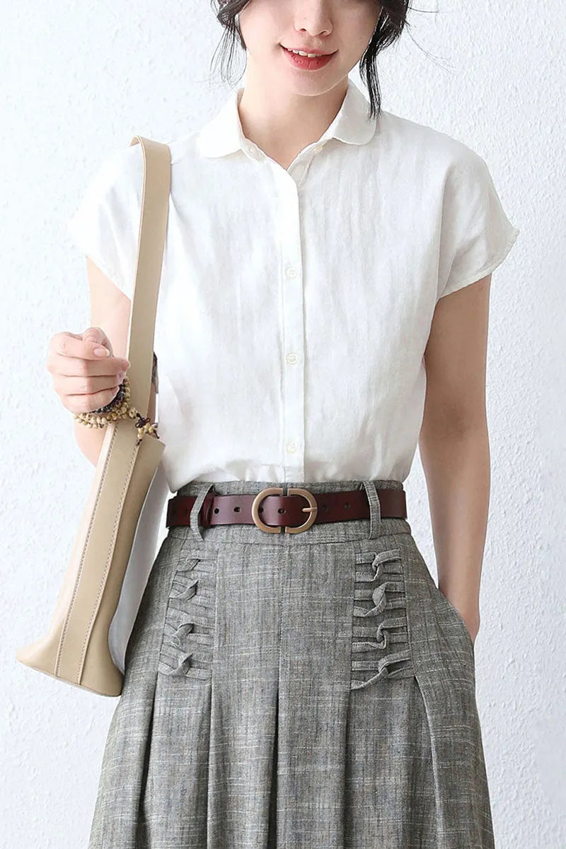 White Linen Blouse with Cap Sleeves - Lightweight and Crisp Button-Up 289001