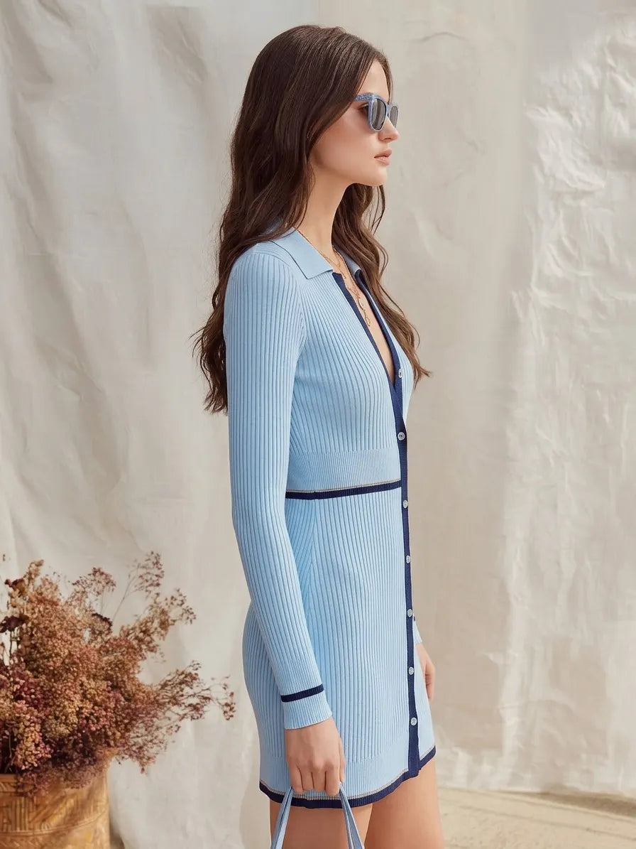 Nautical Riviera Light Blue Contrast Trim Ribbed Knit Mini Dress